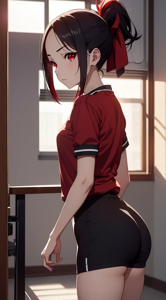 Kaguyasinomiya, Kaguya Shinomiya, folded ponytail, forehead, hair ribbon, (red eyes:1.5), red ribbon, band, Short hair, side locks, (little chest:1.2), gym uniform, Short top, legging, BREAK looks at the viewer, stands with your back to the viewer, seen from behind, ass, big ass, shows the, BREAKTHROUGH in the room, Classroom, BREAK (Masterpiece:1.2), Best Quality, High Resolution, Unity 8k Wallpaper, (illustartion:0.8), (beautiful detail eyes:1.6), extremely detailed face, perfect lighting, extremely detailed CGI, (perfect arms, perfect anatomy),
