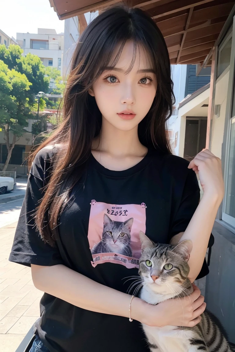 masterpiece, High resolution, Highest quality, Very detailed, Pink Eyes, Beautiful woman, Cat picture black T-shirt，Beach，Long Hair