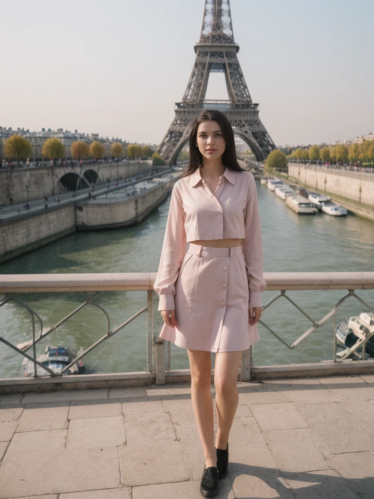 her name is Amelie, high quality, 1girl, ((20-year-old fit Caucasian woman)), ((20 years old)), ((fit)), ((Long Shag dark hair)), pose: standing, wearing unique Generation-Z modern wear pastel colored, BACKGROUND:Standing on a bridge over the Seine River, with the Eiffel Tower illuminated against the night sky