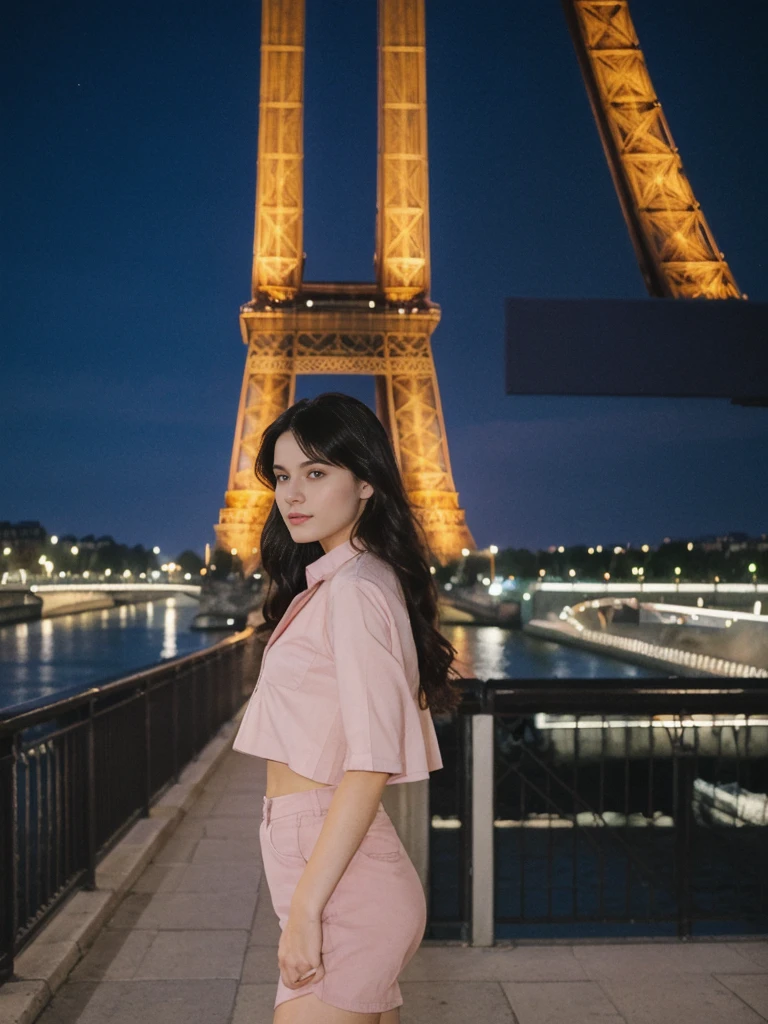 her name is Amelie, high quality, 1girl, ((20-year-old fit Caucasian woman)), ((20 years old)), ((fit)), ((Long Shag dark hair)), pose: standing, wearing unique Generation-Z modern wear pastel colored, BACKGROUND:Standing on a bridge over the Seine River, with the Eiffel Tower illuminated against the night sky