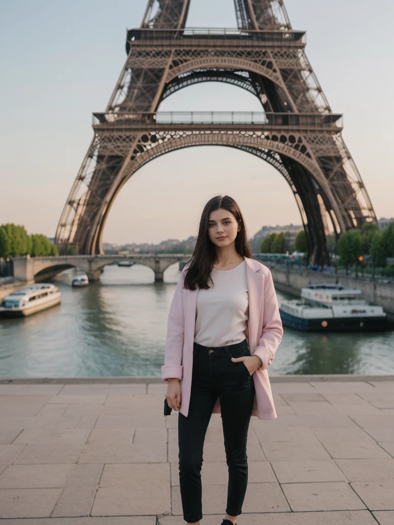 her name is Amelie, high quality, 1girl, ((20-year-old fit Caucasian woman)), ((20 years old)), ((fit)), ((Long Shag dark hair)), pose: standing, wearing unique Generation-Z modern wear pastel colored, BACKGROUND:Standing on a bridge over the Seine River, with the Eiffel Tower illuminated against the night sky