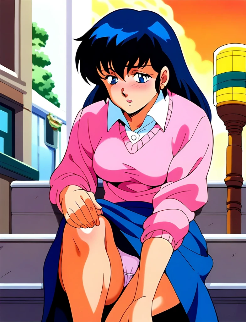 Kyoko,score_9,score_8_superior,score_7_superior,sauce_anime,One girl,alone,View your viewers,city,Streetscape of the 1980s,asphalt paved,paved,lamp post,force_line,Orange sky,evening,Pink Sweater,White collared shirt,length_skirt,blue skirt,cowboy_shot,Front view,squat、Squat、Panties in full view、Sad face、:d,arms_behind_return,