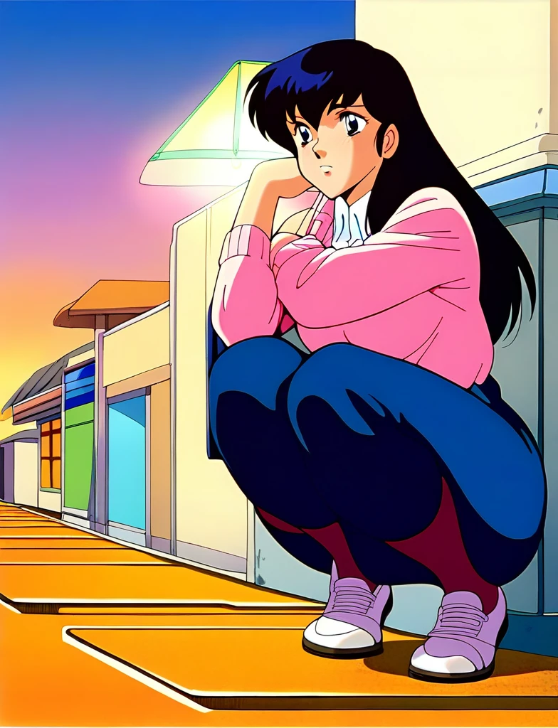 Kyoko,score_9,score_8_superior,score_7_superior,sauce_anime,One girl,alone,View your viewers,city,Streetscape of the 1980s,asphalt paved,paved,lamp post,force_line,Orange sky,evening,Pink Sweater,White collared shirt,length_skirt,blue skirt,cowboy_shot,Front view,squat、Squat、Panties in full view、Sad face、:d,arms_behind_return,