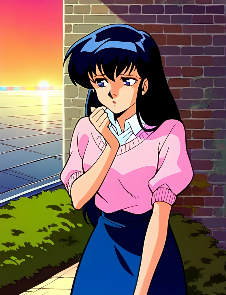 Kyoko,score_9,score_8_superior,score_7_superior,sauce_anime,One girl,alone,View your viewers,city,Streetscape of the 1980s,asphalt paved,paved,lamp post,force_line,Orange sky,evening,Pink Sweater,White collared shirt,length_skirt,blue skirt,cowboy_shot,Front view,squat、Squat、Panties in full view、Sad face、:d,arms_behind_return,