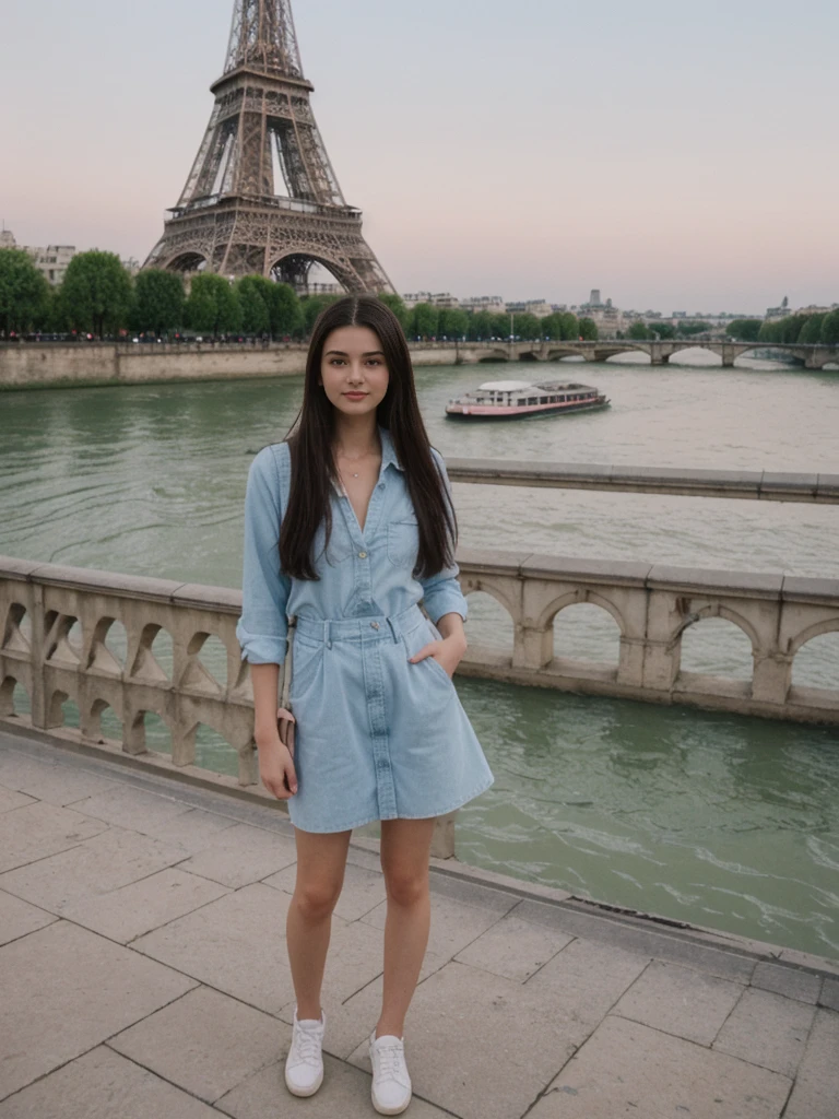 her name is Amelia, high quality, 1girl, ((20-year-old fit Caucasian woman)), ((20 years old)), ((fit)), ((Long Shag dark hair)), pose: standing, wearing unique Generation-Z modern wear pastel colored, BACKGROUND:Standing on a bridge over the Seine River, with the Eiffel Tower illuminated against the night sky