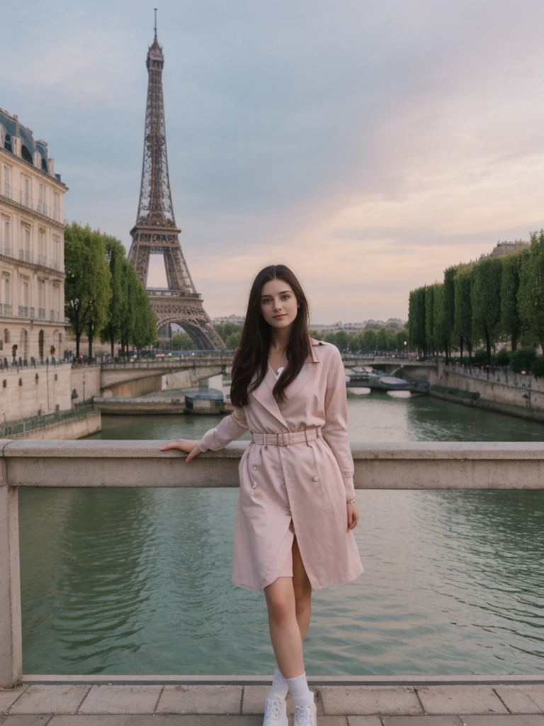 her name is Amelia, high quality, 1girl, ((20-year-old fit Caucasian woman)), ((20 years old)), ((fit)), ((Long Shag dark hair)), pose: standing, wearing unique Generation-Z modern wear pastel colored, BACKGROUND:Standing on a bridge over the Seine River, with the Eiffel Tower illuminated against the night sky