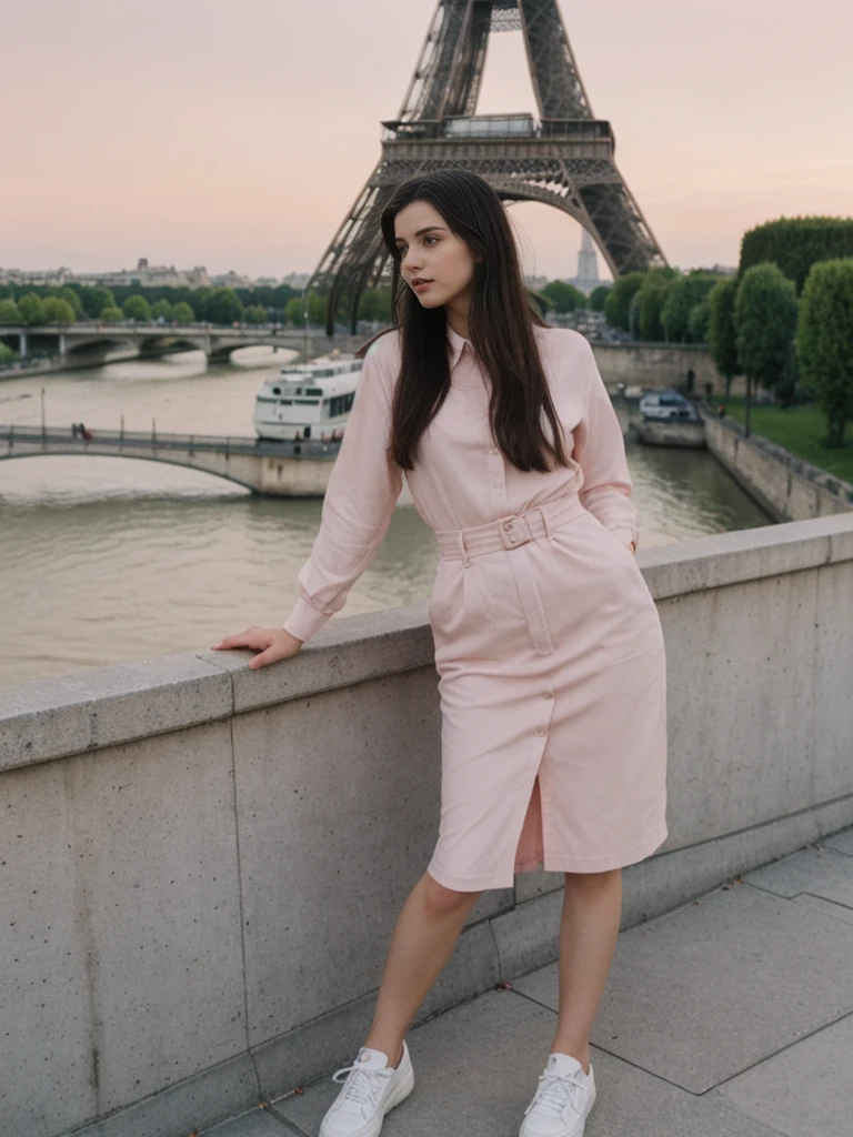 her name is Amelia, high quality, 1girl, ((20-year-old fit Caucasian woman)), ((20 years old)), ((fit)), ((Long Shag dark hair)), pose: standing, wearing unique Generation-Z modern wear pastel colored, BACKGROUND:Standing on a bridge over the Seine River, with the Eiffel Tower illuminated against the night sky