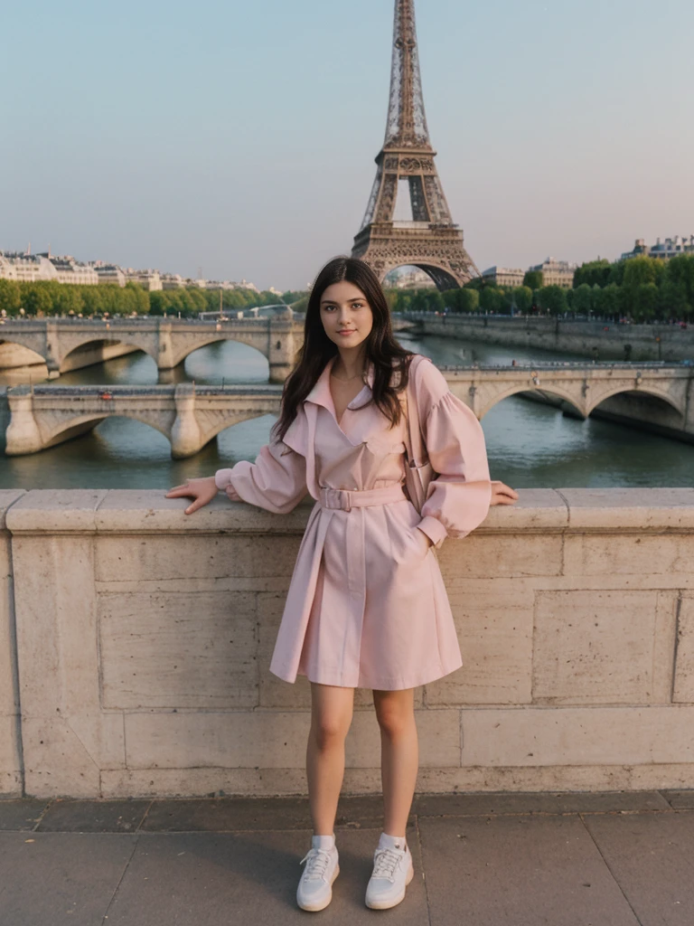 her name is Amelia, high quality, 1girl, ((20-year-old fit Caucasian woman)), ((20 years old)), ((fit)), ((Long Shag dark hair)), pose: standing, wearing unique Generation-Z modern wear pastel colored, BACKGROUND:Standing on a bridge over the Seine River, with the Eiffel Tower illuminated against the night sky