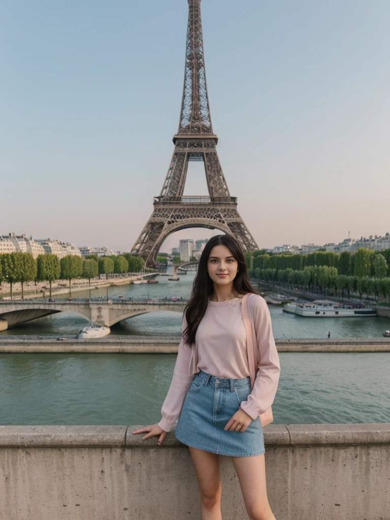 her name is Amelia, high quality, 1girl, ((20-year-old fit Caucasian woman)), ((20 years old)), ((fit)), ((Long Shag dark hair)), pose: standing, wearing unique Generation-Z modern wear pastel colored, BACKGROUND:Standing on a bridge over the Seine River, with the Eiffel Tower illuminated against the night sky