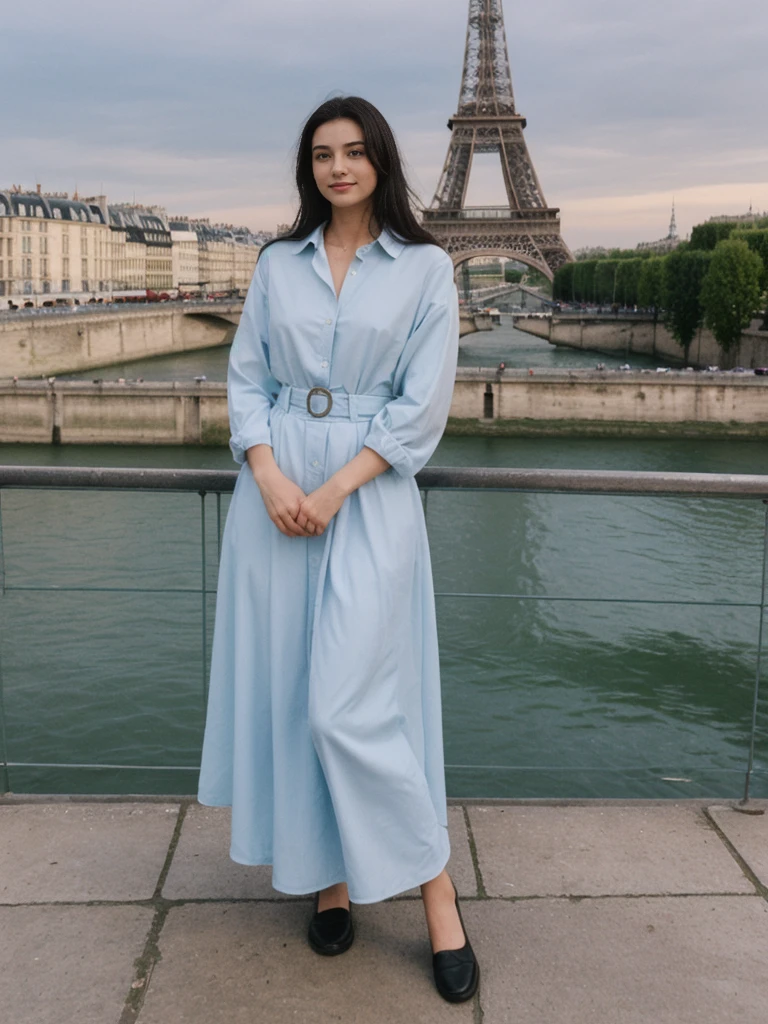 her name is Amelia, high quality, 1girl, ((20-year-old fit Caucasian woman)), ((20 years old)), ((fit)), ((Long Shag dark hair)), pose: standing, wearing unique Generation-Z modern wear pastel colored, BACKGROUND:Standing on a bridge over the Seine River, with the Eiffel Tower illuminated against the night sky