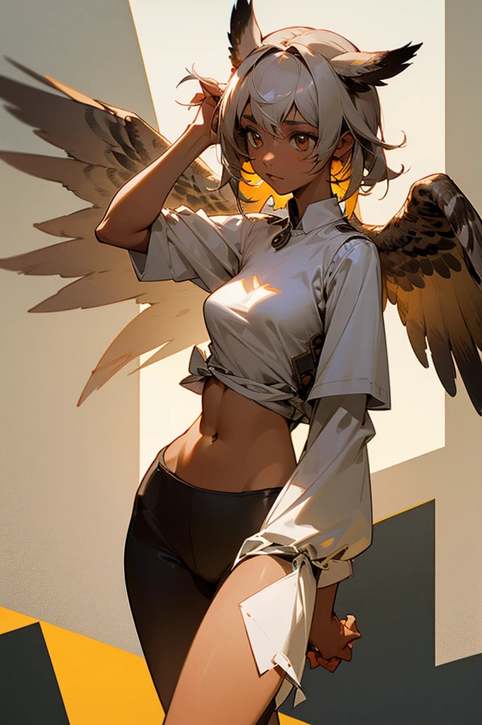 *Photo of a semi-human woman with slightly gray-brown skin, owl ears hidden in my hair, and under my shirt on my torso my medium breasts with soft plumage like that of a chick and my hair is gray and short and wings on my back that are small