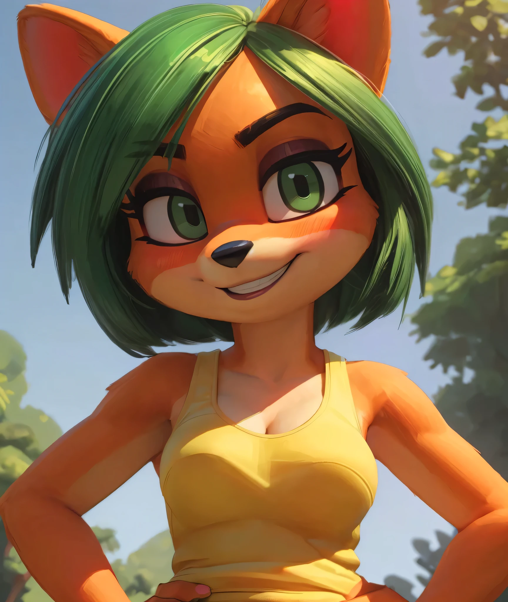 [Ami Bandicoot], [Crash Team Racing Nitro Fueled], [Uploaded to e621.net; (Pixelsketcher), (wamudraws)], ((masterpiece)), ((HD)), ((high res)), ((solo portrait)), ((feet visible)), ((furry; anthro)), ((detailed fur)), ((detailed shading)), ((beautiful render art)), {anthro; orange fur, black nose, (short straight green hair), (cute green eyes), (green-yellow eyeshadow), (short eyelashes), (medium boobs), (curvy hips), (beautiful legs), (blushing), (smug grin)}, {(yellow tank top), (dark green yoga pants), (green sneakers)}, {(standing), (hands on hips), (looking at viewer)}, [background; (park), (trees), (beaten path), (blue sky), (sun rays), (ambient lighting)]