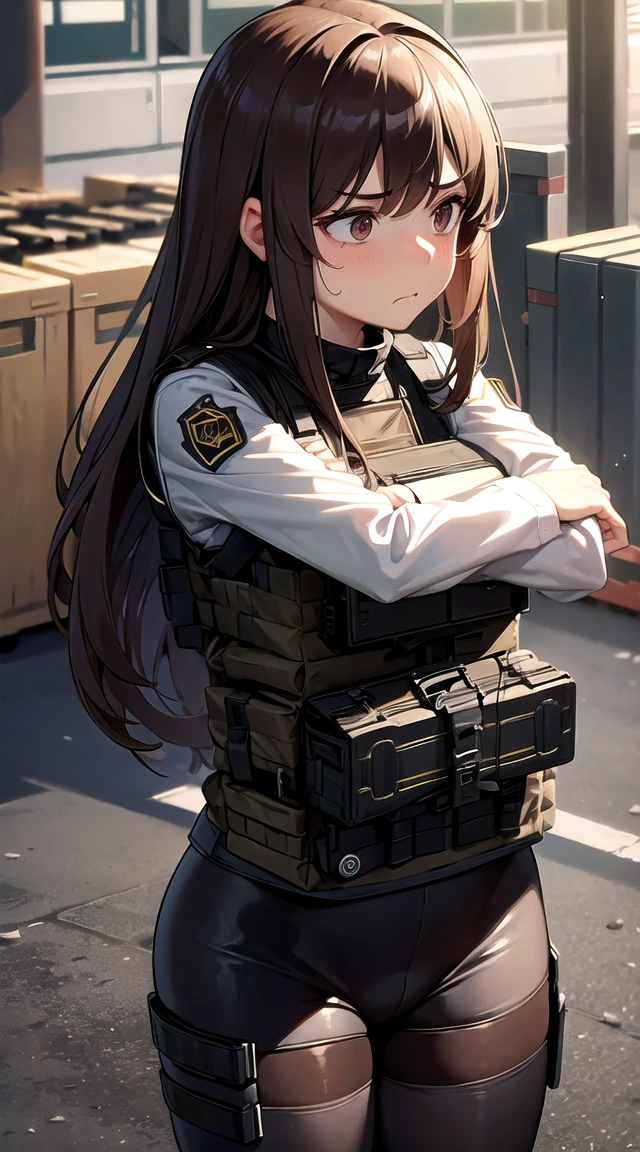 Masterpiece,a girl with Semi-auto rifle,bulletproof vest,tactical,brown leggings,long straight hair,(scared:1.4),(huddle:1.5)