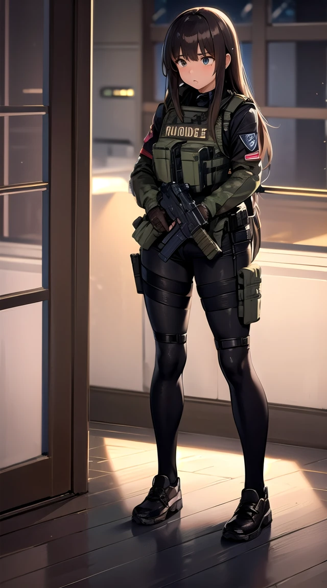 Masterpiece,a girl with Semi-auto rifle,bulletproof vest,tactical,brown leggings,long straight hair,(scared:1.4),(huddle:1.5)
