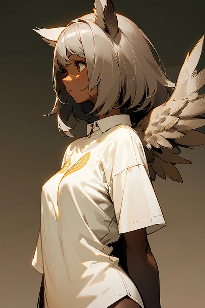 *Photo of a semi-human woman with slightly gray-brown skin, owl ears hidden in my hair, and under my shirt on my torso my big breasts with soft plumage like that of a chick and my hair is gray and short and wings on my back that are small