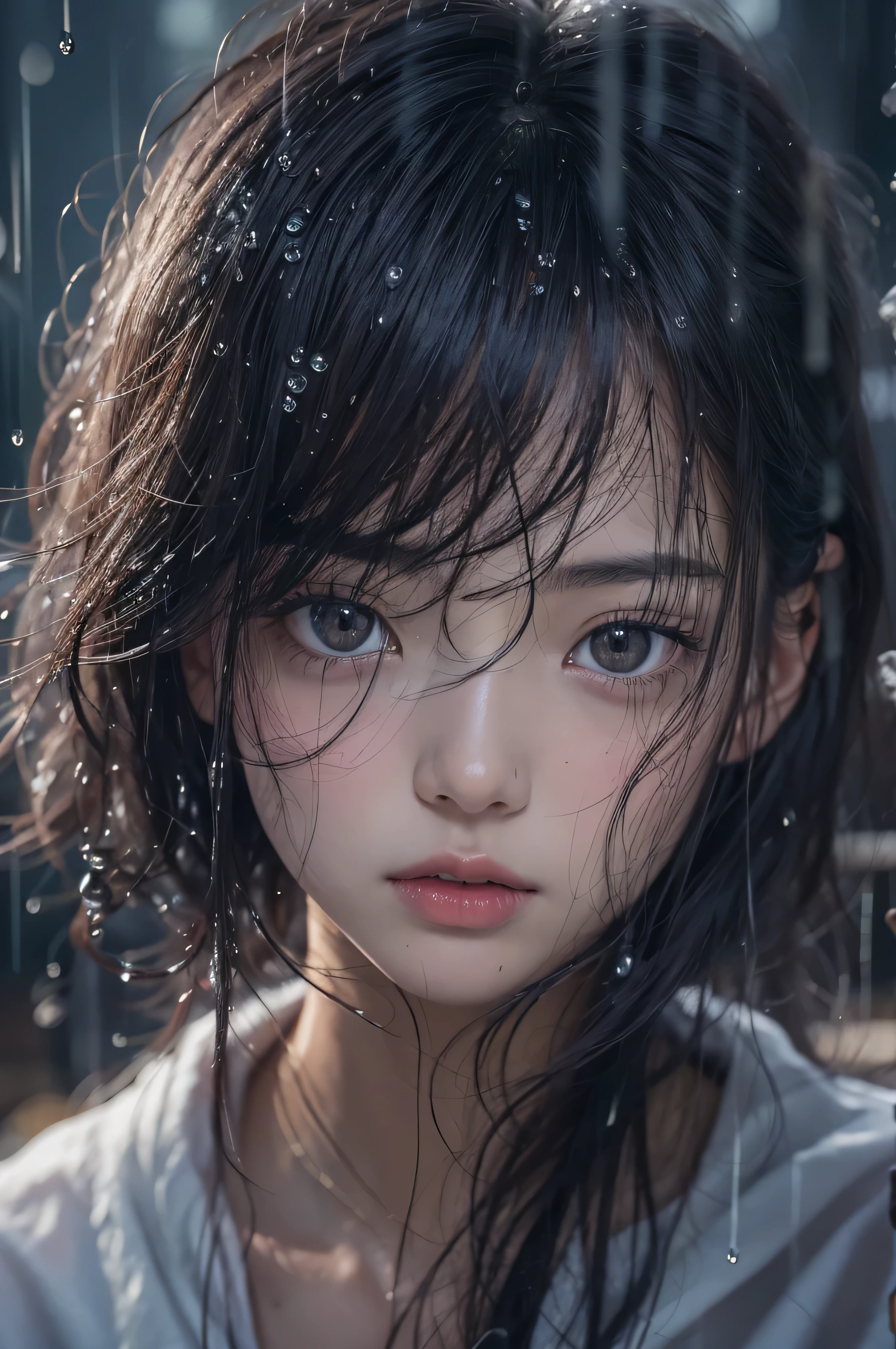 highest quality, masterpiece, 超A high resolution, Photorealistic, Raw photo, ((Beautiful woman)), , Japanese, Black Hair, Straight Short Hair, Detailed face, Beautiful Eyes, Depth of written boundary, City streets, Raindrops, White T-shirt with V-neck, A thin T-shirt that becomes transparent when wet, Medium bust, Black underwear, Faint lips, Wet your hair, Wet body, Water droplets on the skin, (Look into the viewer&#39;s eyes),