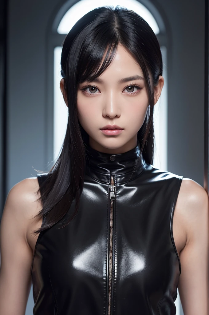 Symmetrical frontal portrait of a young woman, 170cm tall with a slender figure. Long, glossy black hair past shoulders. High cheekbones, full lips, expressive brown eyes with long lashes. Shiny porcelain skin with a sun-kissed glow. Elegant yet edgy style, wearing a sleek black outfit or leather jacket. Natural, understated makeup enhancing her beauty. Highly detailed heterochromatic eyes, one eye a different color. Diffuse lighting, photorealistic quality. Poise and grace, embodying strength and femininity. Shot with a 300mm lens in HD. Hyper-detailed skin texture and facial features. Cool beauty exuding confidence and sophistication.