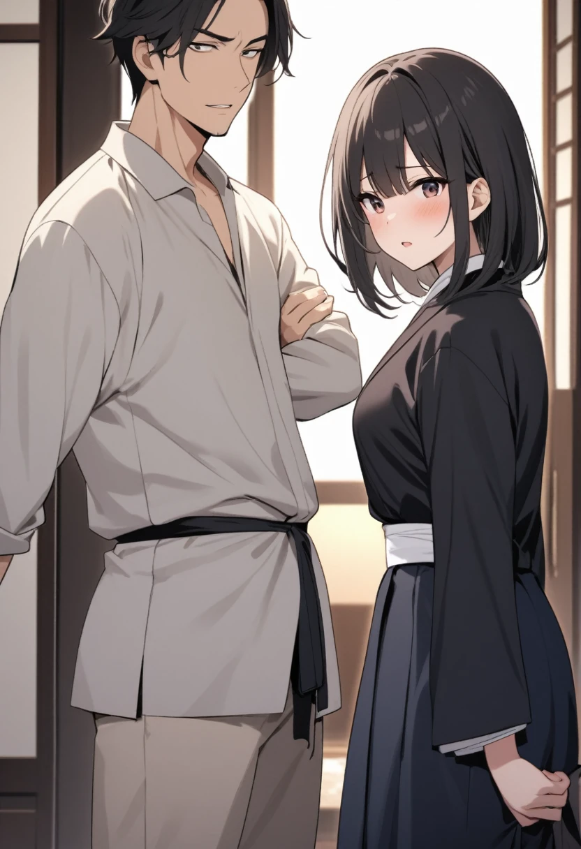 An old man is touching the buttocks of a black-haired, black-eyed Japanese girl from behind