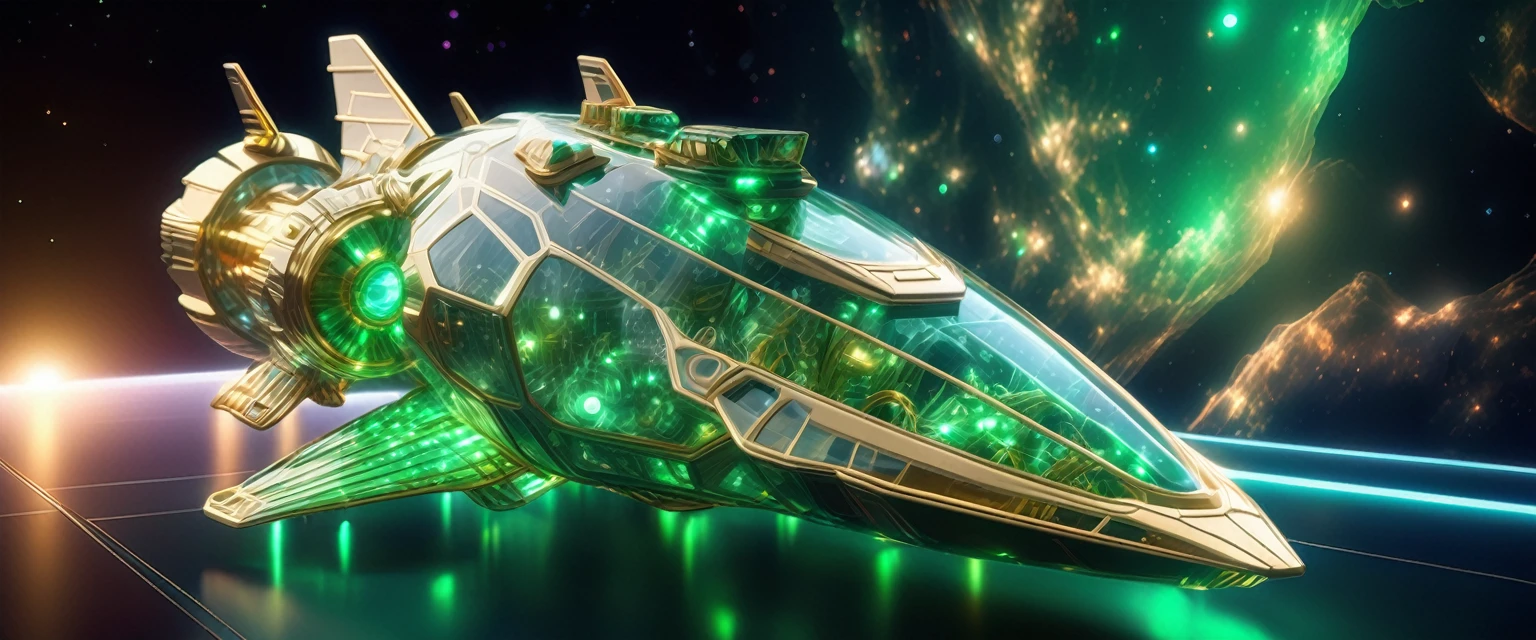 hyperrealistic bio-glass spaceship, elegant high-tech ship made of a combination smooth reflective glass and biological components, cursing in space, vibrantly glowing emerald engines facing the rear of bio-glass ship, glinting gleaming off glass, toxic looking biological components, futuristic, uhd, 64 megapixels, hyperdetailed, stunning epic space scene, brilliant overexposed stars cinema 4D render