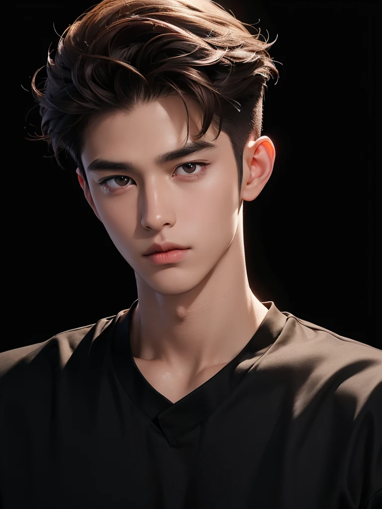 ((best quality, 8K, masterpiece: 1.3)), (sharp focus: 1.2), Korean Men, matchless, brown hair, Temptation, Calm head, black shirt, black background, White skin, natural expression, looking down, Asian face