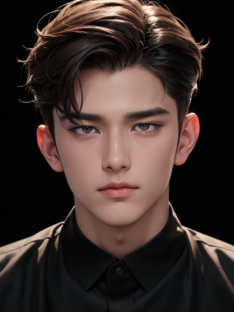 ((best quality, 8K, masterpiece: 1.3)), (sharp focus: 1.2), Korean Men, matchless, brown hair, Temptation, Calm head, black shirt, black background, White skin, natural expression, looking down, Asian face