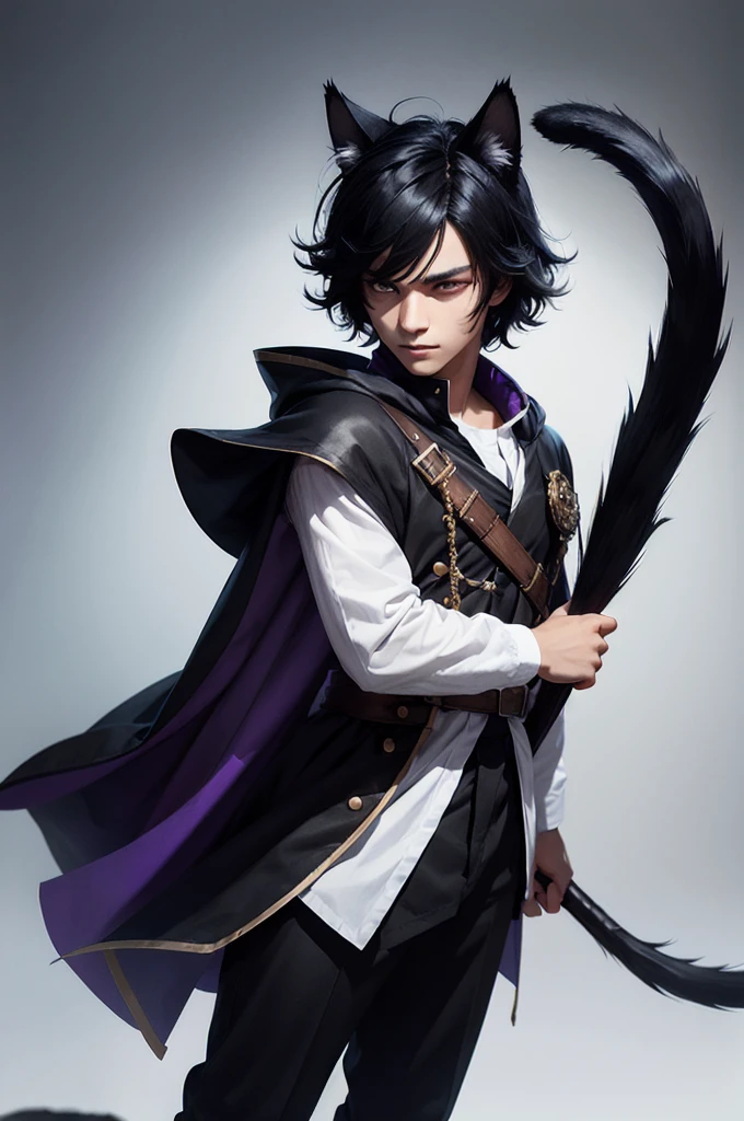 Black Hair少年,Around fifteen years old,Black Hair,Cat ear,Cat tail,Purple cloak,Heterochromia,Red left eye,Blue right eye,White shirt,Purple cloak,Standing,whole body,For the audience,White background,masterpiece,HD,4K,Detailed facial depiction,Black trousers,Black boots,Black Hair,White background(1:5)