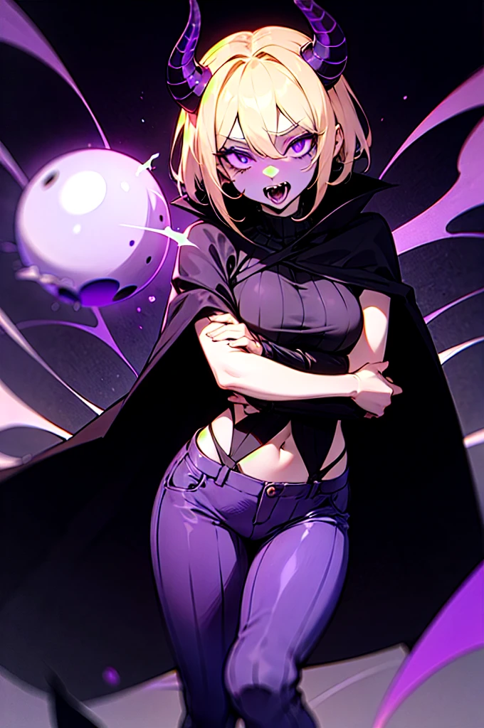 black skin, colored skin, purple hair, black hood, closed black hood, black jacket, claws, scorpion tail, purple butterfly wings, black pants, large breasts, killer, daggers
