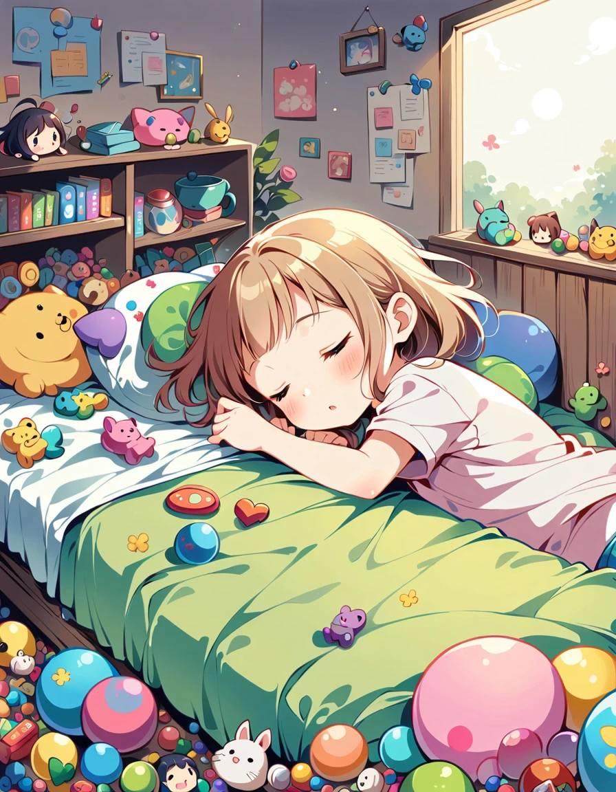 A young girl sleeps, curled up in a room full of colorful chibi toys.