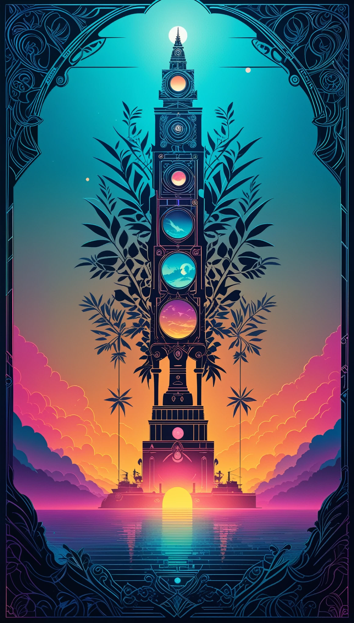 in style of lvan Aivazovsky,Symbolic symbols of plants, minimalist style, graphic illustrations of totem art, laser diffuse gradient metal color scheme, New surreal poster design, bold prints, Metal relief, dual tone, solid background, 8k, UHD, best quality, highres