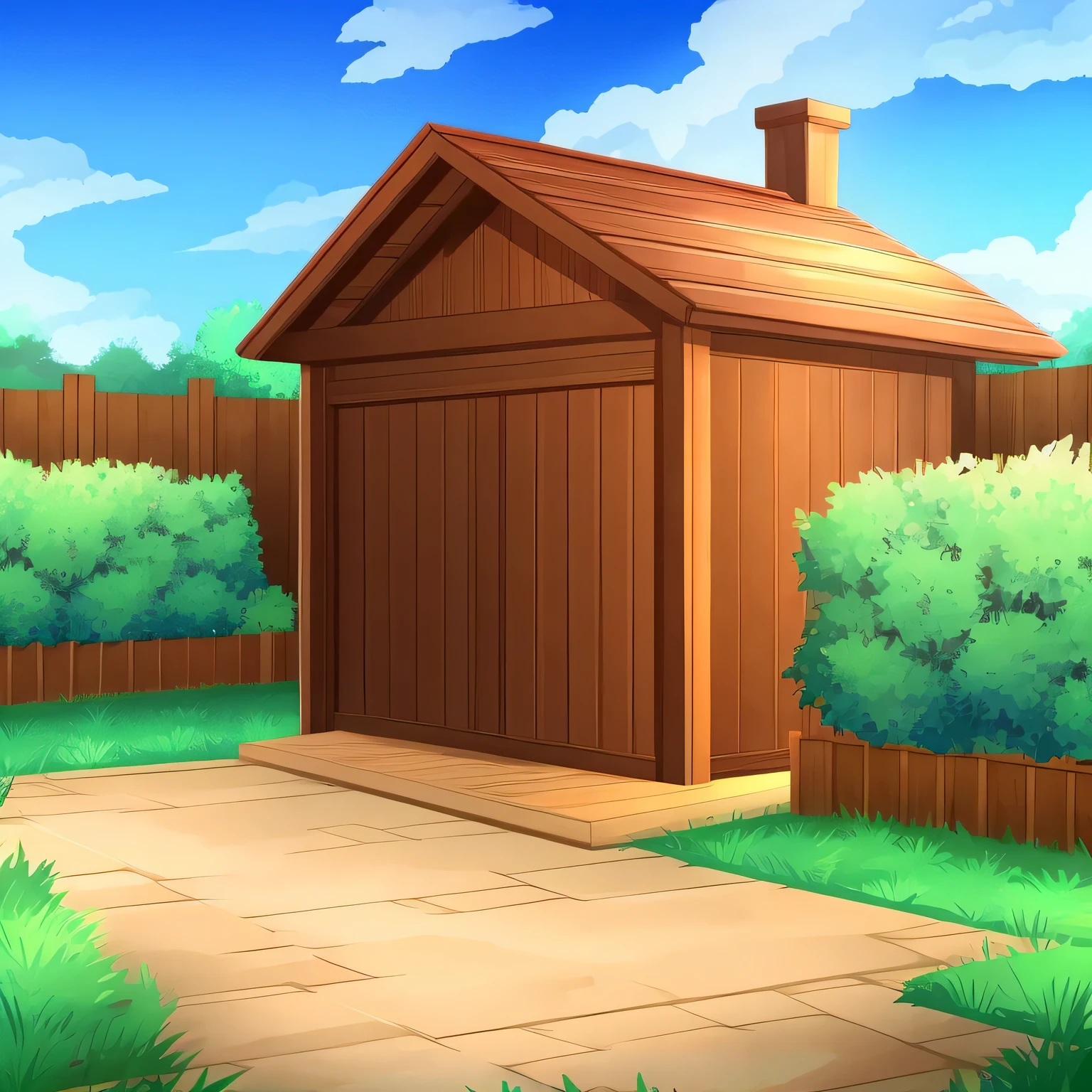 Backyard, fence, huge behive, visual novel art style 