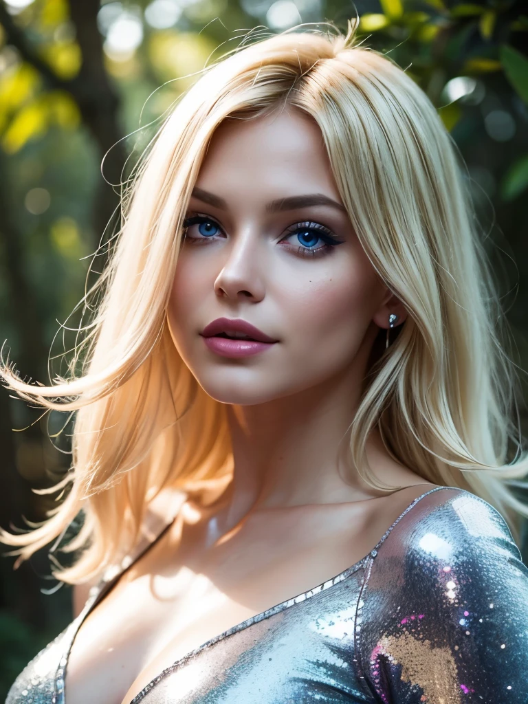 (Masterpiece.UHD.photorealistic)An ultra hot gorgeous European woman. Age 23. (Michelle pfeiffer:0.2)) blonde hair, eyelashes, hair over one eye, blue eyes, big lips, ultra-detailed, high quality, highres, absurdres, best quality, best quality, blurry background, evil smile, long hair, bright pupils, shiny skin, tall female, colored skin, pink lips, backlighting, outdoors, extremely detailed, original, glitter, shiny skin, shiny, full body, tight jeans, pink top