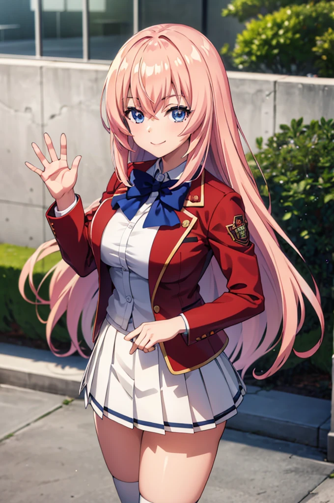 (masterpiece:1.3), (best quality:1.1), (8k, ultra detailed, ultra high res:1.2), ((anime style)), perfect 5 fingers, perfect anatomy,
1girl,
Ichinose honami \(youjitsu\),
long hair,
pink hair,
blue eyes, round eyes, tareme,
blue bow,
large ,
red jacket, long sleeves, white skirt, pleated skirt, black calf socks,
looking at viewer,
cowboy shot, (waving:1.1),
(smile:1.1),
BREAK standing, perfect light, (detailed background:1.1), outside, outdoors, public,