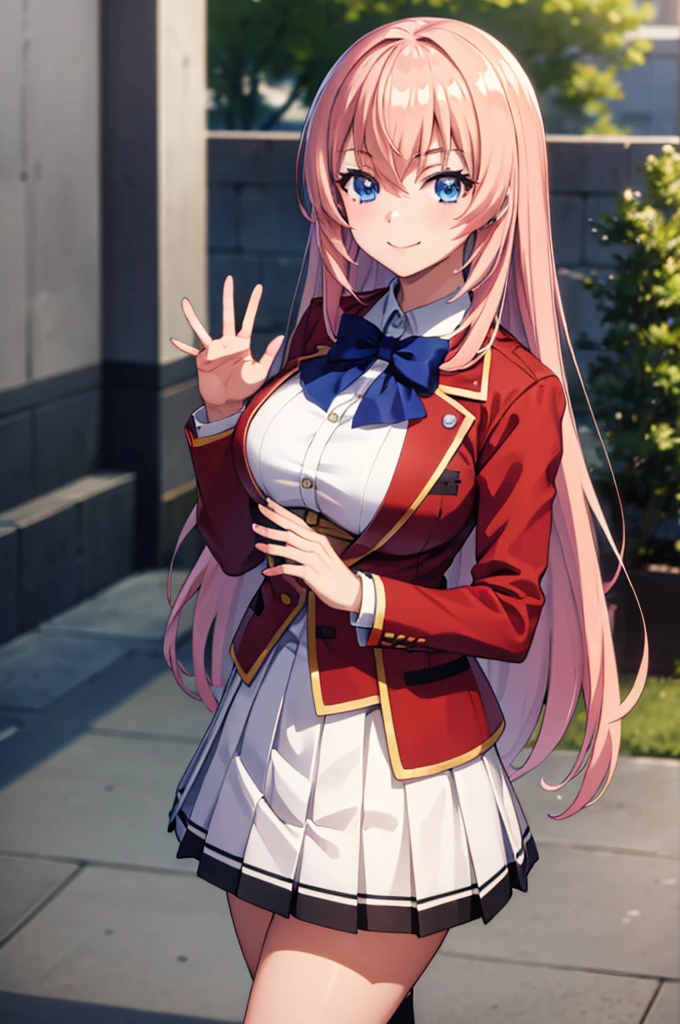 (masterpiece:1.3), (best quality:1.1), (8k, ultra detailed, ultra high res:1.2), ((anime style)), perfect 5 fingers, perfect anatomy, 
1girl,
Ichinose honami \(youjitsu\),
long hair, 
pink hair, 
blue eyes, round eyes, tareme, 
blue bow, 
large breasts, 
red jacket, long sleeves, white skirt, pleated skirt, black calf socks, 
looking at viewer, 
cowboy shot, (waving:1.1),
(smile:1.1), 
BREAK standing, perfect light, (detailed background:1.1), outside, outdoors, public,  