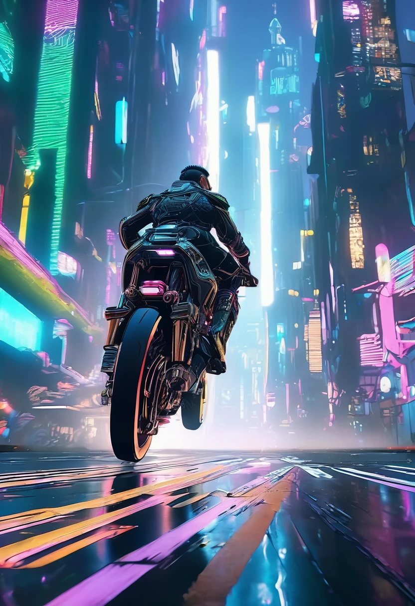 Detailed Cyberpunk Bike, Futuristic bikes, Running on the road, Bike seen from behind, One person riding a bike, Intricate details, High resolution, 8K, PhotoRealistic, Super detailed, Cinema Lighting, Dynamic Motion Blur, shortage々New urban environment, Neon Light, Glowing cybernetic elements, Chrome accents, Weathered textures, Mechanical design, Complex Machinery, Industrial cityscape, Moody color palette, (Highest quality,4K,8K,High resolution,masterpiece:1.2),Super detailed,Sharp focus,(Realist,photoRealist,photo-Realist:1.37), very nice,Intricate details,Strong lighting,Dramatic lighting,Changing the lighting,Cinema Lighting,Chiaroscuro lighting,Dramatic Shadows,dramatic moment,Vibrant colors,Intense colors,Deep contrast,Cinematic depth of field,Structure of the film,Cinematic camera angles