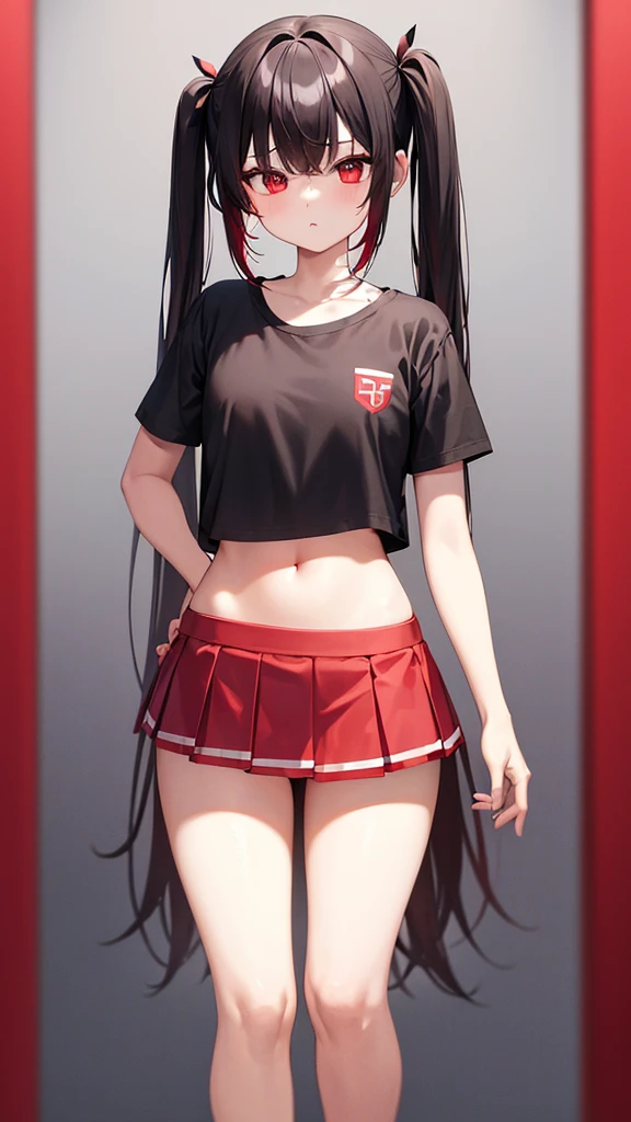 1girl, parted lips, blush, makeup, light smile, black hair, red eyes, crop top, skirt, light rays, glow, thighs, collarbone, narrow waist, (masterpiece), wallpaper,