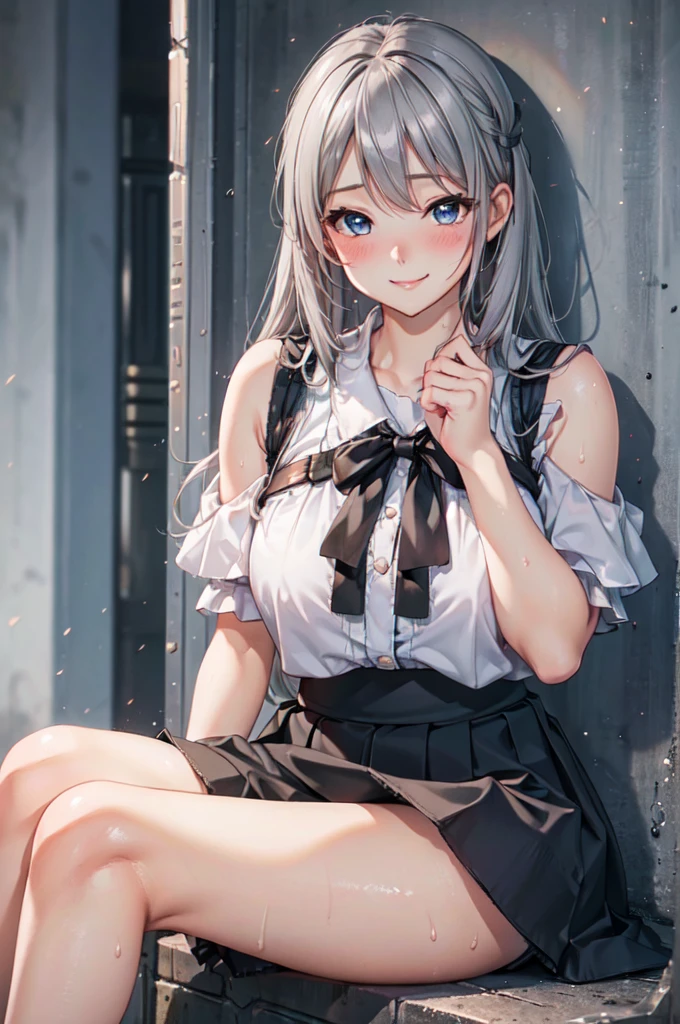 1 girl, random phose, silver hair, blue eyes, headband, masterpiece, absurdres, best quality, very detail finger, 8k, ultra high wallpaper, very short skirt, sneaker, look at viewer, blush