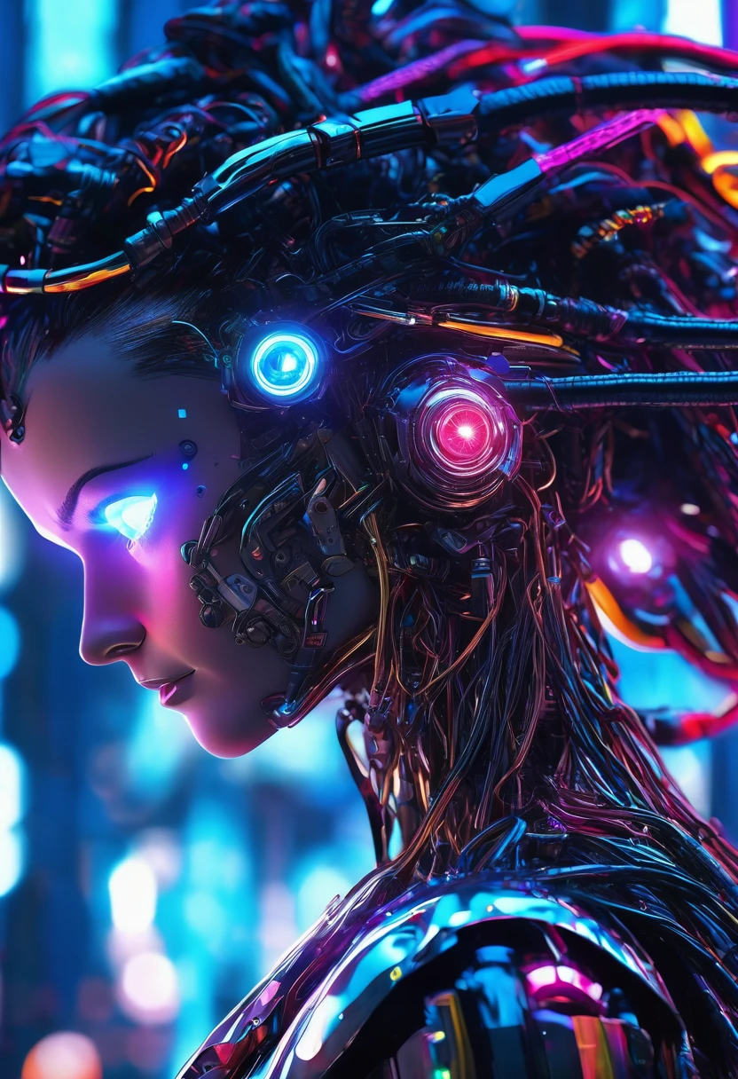 the head of a female cyborg, by Ralph McQuarrie, by Aaron Horkey, neon purple lightning, neon orange lightning, neon red lightning, cables, wires, synthwave, vaporwave, retro futurism, circuitboard, dark futuristic, DonMW15pXL, floating, astral <lora:Dark_Futuristic_Circuit_Boards:0.8> <lora:DonMW15pXL:1>, ziprealism, (masterpiece:1.2), best quality, (hyperdetailed, highest detailed:1.2), high resolution textures, <lora:EnvyBetterHiresFixXL01:1>