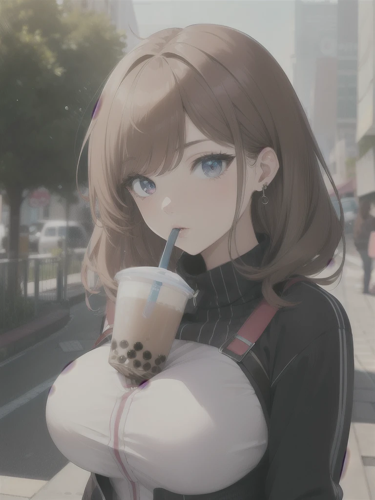 ((((ultra illustrated style:1.0)))),best quality,best animated,masterpiece,ray tracing, global illumination,bubble tea challenge,1girl, solo, looking at viewer, outdoors, upper body, large breasts, 
 