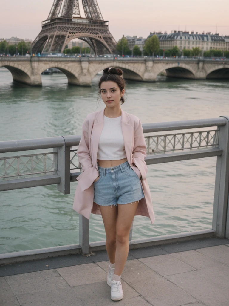 her name is Amelie, high quality, 1girl, ((20-year-old fit Caucasian woman)), ((20 years old)), ((fit)), ((Half-Up Bun dark hair)), pose: standing, wearing unique Generation-Z modern wear pastel colored, BACKGROUND:Standing on a bridge over the Seine River, with the Eiffel Tower illuminated against the night sky