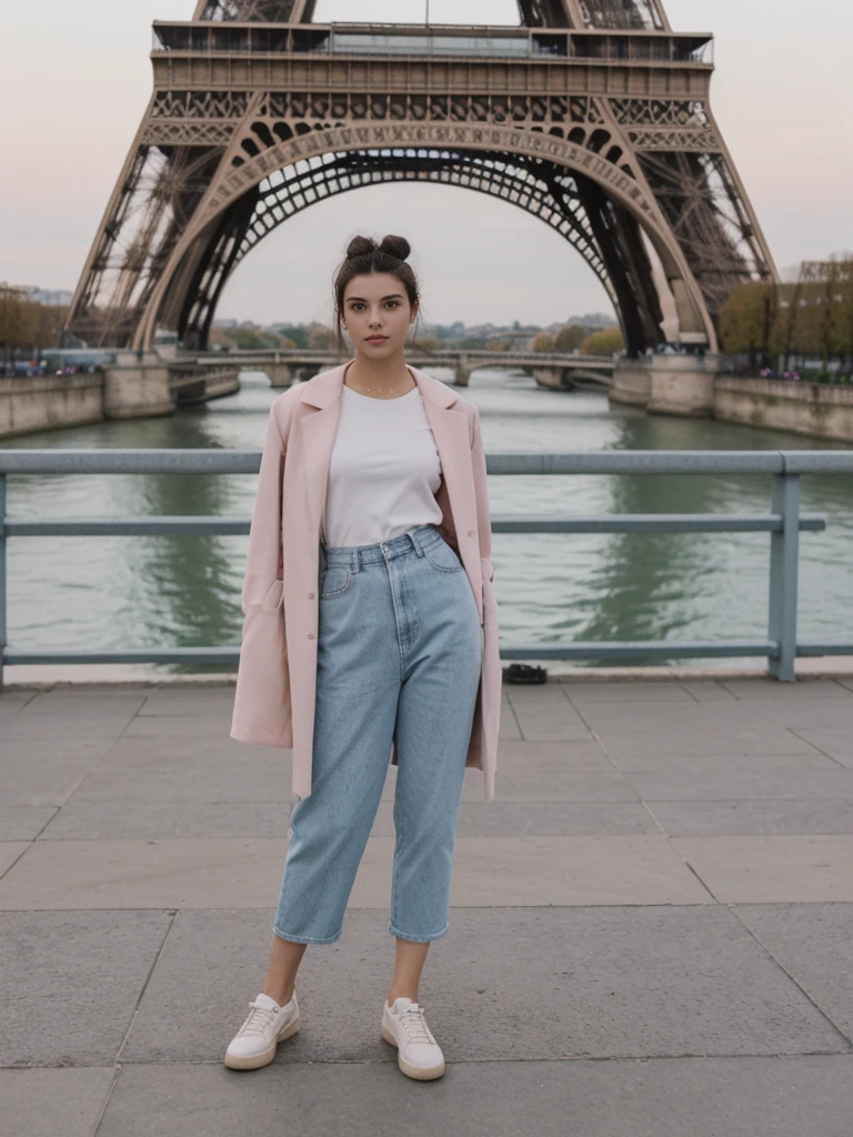 her name is Amelie, high quality, 1girl, ((20-year-old fit Caucasian woman)), ((20 years old)), ((fit)), ((Half-Up Bun dark hair)), pose: standing, wearing unique Generation-Z modern wear pastel colored, BACKGROUND:Standing on a bridge over the Seine River, with the Eiffel Tower illuminated against the night sky
