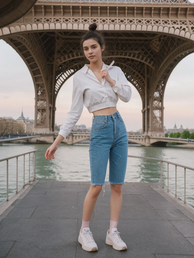 her name is Amelie, high quality, 1girl, ((20-year-old fit Caucasian woman)), ((20 years old)), ((fit)), ((Half-Up Bun dark hair)), pose: standing, wearing unique Generation-Z modern wear pastel colored, BACKGROUND:Standing on a bridge over the Seine River, with the Eiffel Tower illuminated against the night sky