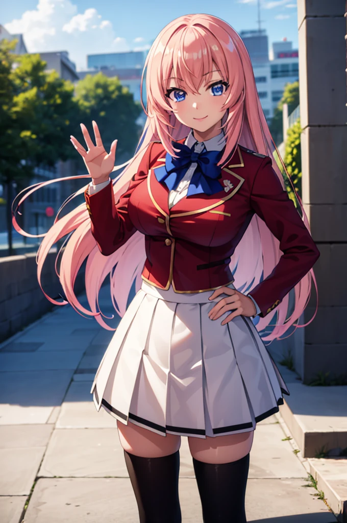 (masterpiece:1.3), (best quality:1.1), (8k, ultra detailed, ultra high res:1.2), ((anime style)), perfect 5 fingers, perfect anatomy, 
1girl,
Ichinose honami \(youjitsu\),
long hair, 
pink hair, 
blue eyes, round eyes, tareme, 
blue bow, 
large breasts, 
red jacket, long sleeves, white skirt, pleated skirt, black calf socks, 
looking at viewer, 
cowboy shot, (waving:1.1),
(smile:1.1), 
BREAK standing, perfect light, (detailed background:1.1), outside, outdoors, public,  