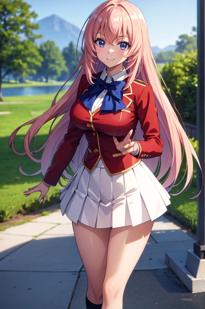 (masterpiece:1.3), (best quality:1.1), (8k, ultra detailed, ultra high res:1.2), ((anime style)), perfect 5 fingers, perfect anatomy, 
1girl,
Ichinose honami \(youjitsu\),
long hair, 
pink hair, 
blue eyes, round eyes, tareme, 
blue bow, 
large breasts, 
red jacket, long sleeves, white skirt, pleated skirt, black calf socks, 
looking at viewer, 
cowboy shot, (waving:1.1),
(smile:1.1), 
BREAK standing, perfect light, (detailed background:1.1), outside, outdoors, public,  