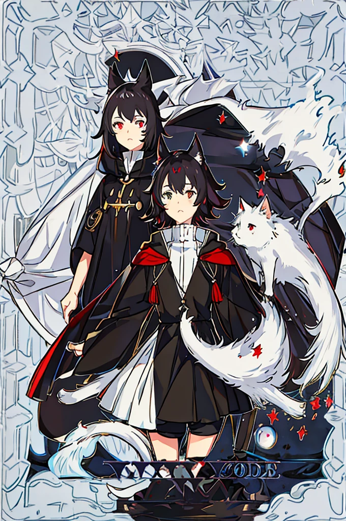 Black Hair少年,Around fifteen years old,Black Hair,Cat ear,Cat tail,Purple cloak,Heterochromia,Red left eye,Blue right eye,White shirt,Purple cloak,Standing,whole body,For the audience,White background,masterpiece,HD,4K,Detailed facial depiction,Black trousers,Black boots,Black Hair,White background(1:5)