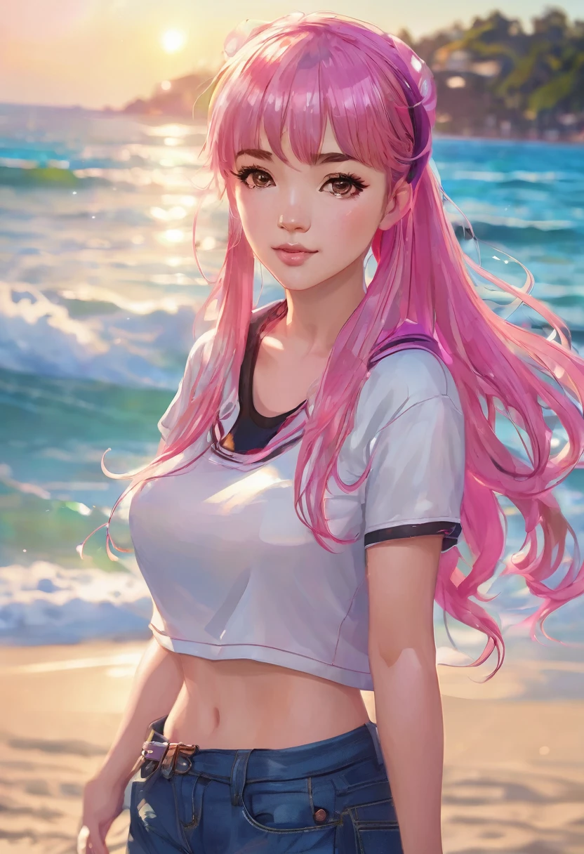 (best quality:1.4),(shiny skin), body focus, (cute face), (((best quality))), illustration, ((Beautiful Finger)), , Beautiful body, Beautiful character design, ,perfect lighting, Colorful, Bright_Front_face_Lighting, ultra high res, highres, absurdres:1.2, bokeh:1.2, lens flare, (vibrant_color:1.2), (Beautiful, small breasts:1.6), (thick thighs:1.3), THICK,
small hair, (brown hair:1.2), two pigtails held by pink hair ties, large round brown eyes, short bangs, urprised facial expression, t-shirt, large jeans, (ocean:1.3), sand, sun, outdoors, detailed eyes, looking at the viewer, hand on hip