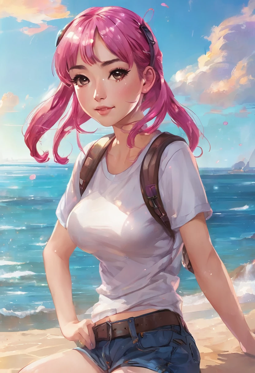 (best quality:1.4),(shiny skin), body focus, (cute face), (((best quality))), illustration, ((Beautiful Finger)), , Beautiful body, Beautiful character design, ,perfect lighting, Colorful, Bright_Front_face_Lighting, ultra high res, highres, absurdres:1.2, bokeh:1.2, lens flare, (vibrant_color:1.2), (Beautiful, small breasts:1.6), (thick thighs:1.3), THICK,
small hair, (brown hair:1.2), two pigtails held by pink hair ties, large round brown eyes, short bangs, urprised facial expression, t-shirt, large jeans, (ocean:1.3), sand, sun, outdoors, detailed eyes, looking at the viewer, hand on hip
