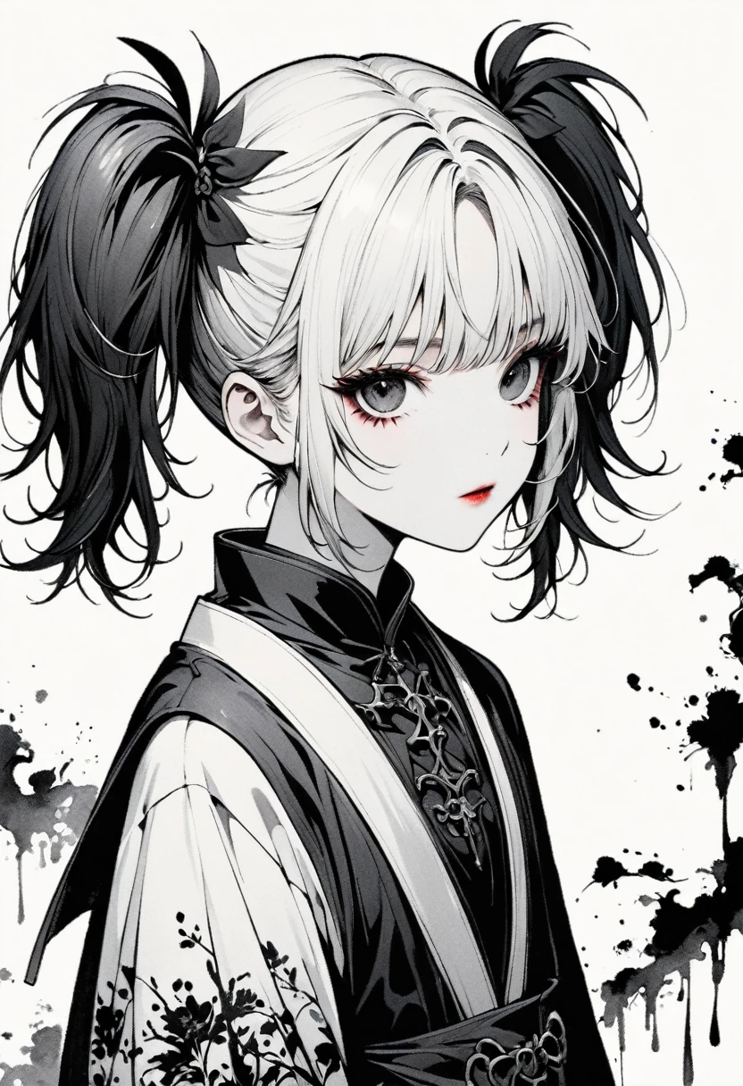 a detailed gothic girl with two pigtails, minimalist black and white line art, negative space, ink painting