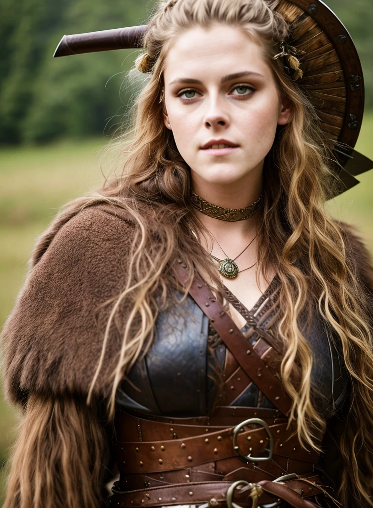 Looks like Kirsten Stewart, A stunning intricate full color portrait of (sks woman:1) as (viking warrior), (barbarian), Barbarian warrior queen, fluffy streax hair, styled hair, epic character composition, by ilya kuvshinov, alessio albi, nina masic, sharp focus, natural lighting, subsurface scattering, f2, 35mm, film grain,