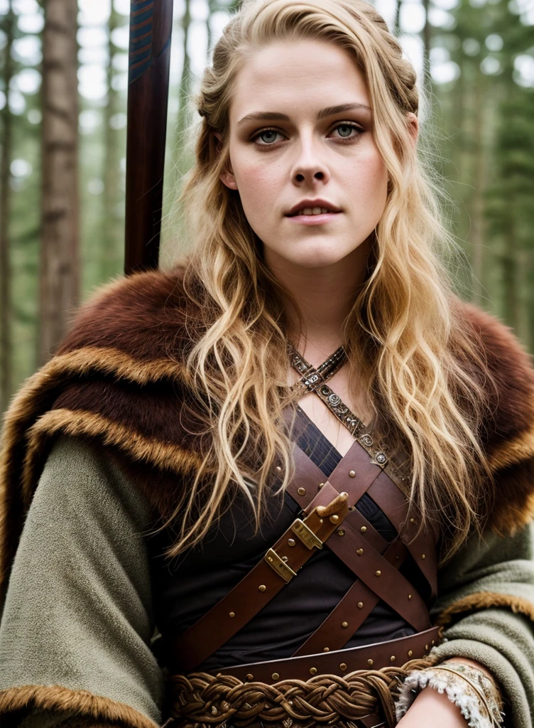 Looks like Kirsten Stewart, A stunning intricate full color portrait of (sks woman:1) as (viking warrior), (barbarian), Barbarian warrior queen, fluffy streax hair, styled hair, epic character composition, by ilya kuvshinov, alessio albi, nina masic, sharp focus, natural lighting, subsurface scattering, f2, 35mm, film grain,