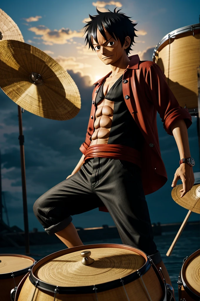 Luffy de One Piece, in dark clothes playing drum
